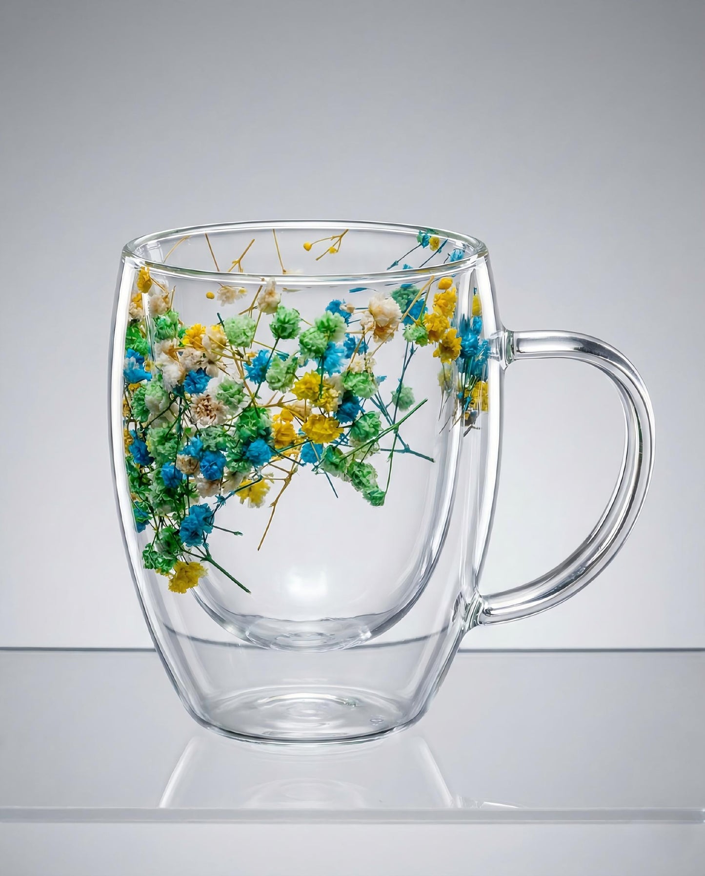 Double-Walled Borosilicate Glass Mug with Real Dried Flowers