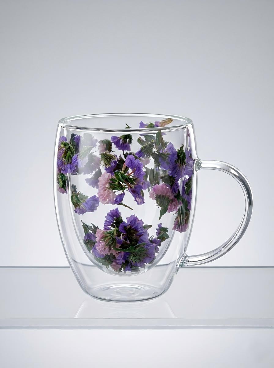 Double-Walled Borosilicate Glass Mug with Real Dried Flowers
