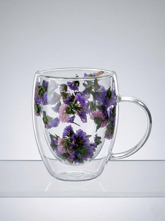 Double-Walled Borosilicate Glass Mug with Real Dried Flowers
