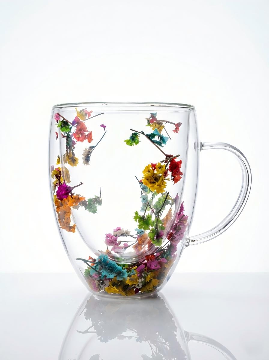 Double-Walled Borosilicate Glass Mug with Real Dried Flowers