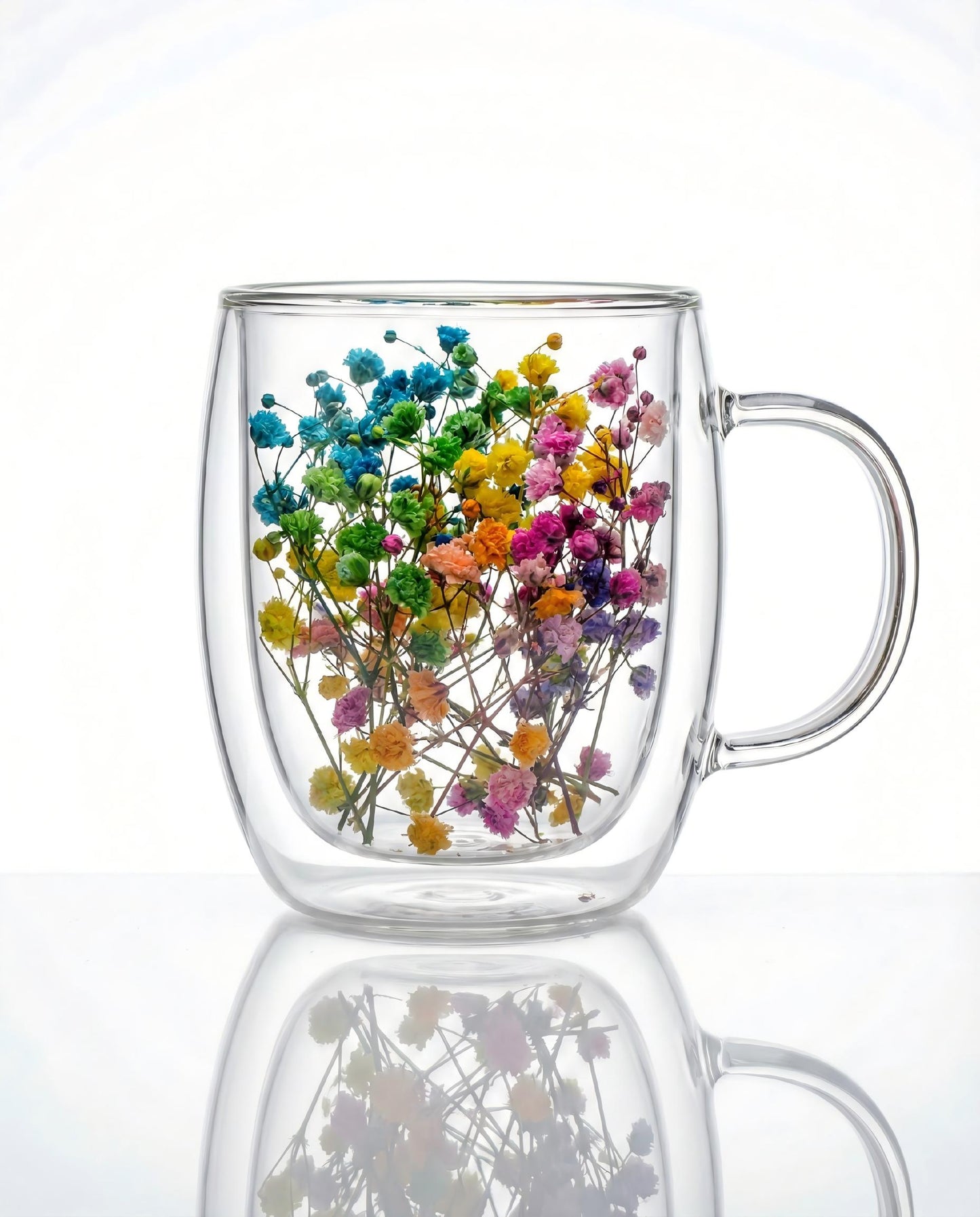 Double-Walled Borosilicate Glass Mug with Real Dried Flowers